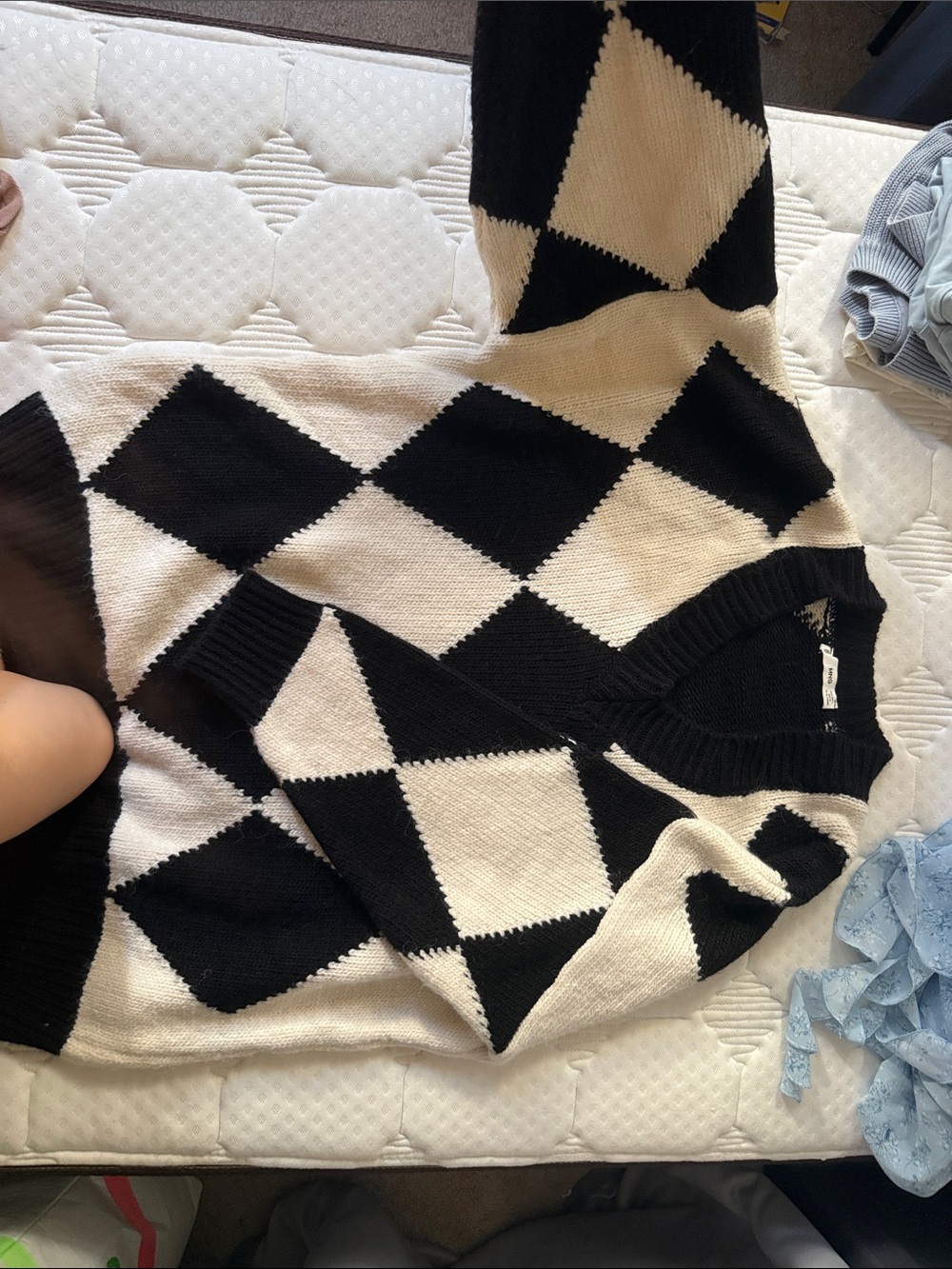Mango Black and White Argyle V-Neck Sweater